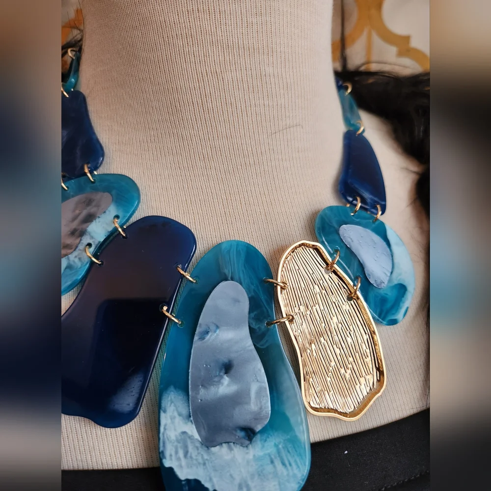 Black, Blue and Goldtone Statement Necklace with Earrings Set - Picture 6 of 15